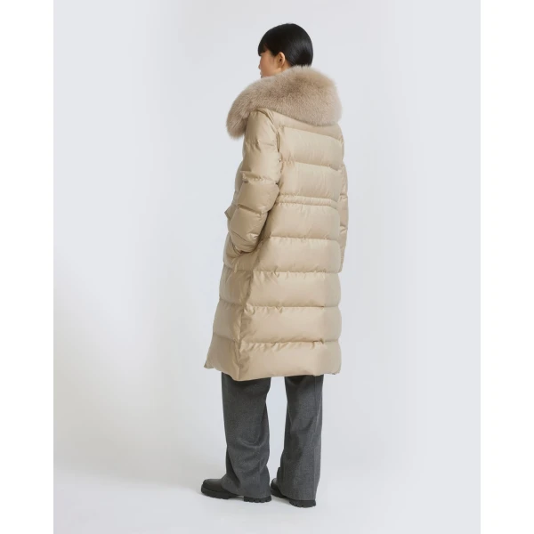 Yves Salomon Long Straight Down Jacket with Detachable Fox Fur Collar in Beige | Coats | Coveti