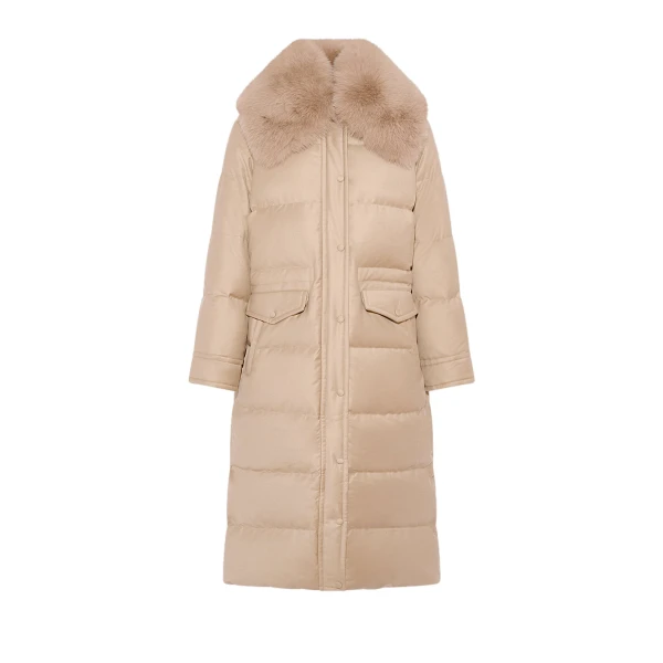 Yves Salomon Long Straight Down Jacket with Detachable Fox Fur Collar in Beige | Coats | Coveti