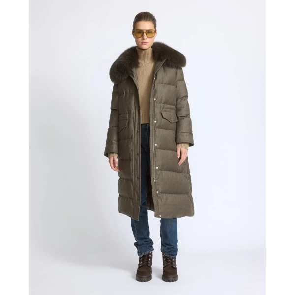 Yves Salomon Long Straight Down Jacket with Detachable Fox Fur Collar in Brown | Coats | Coveti