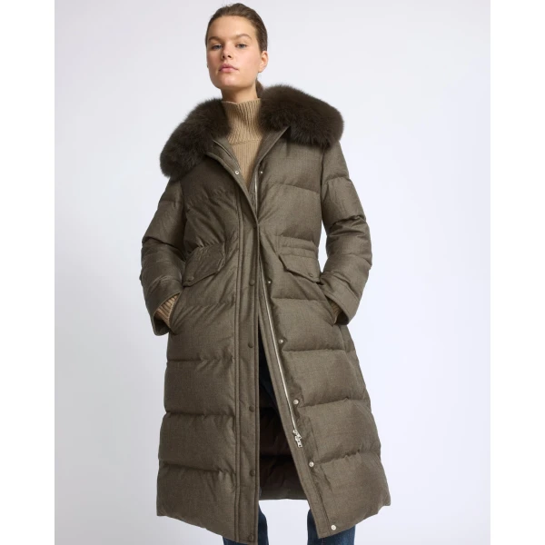 Yves Salomon Long Straight Down Jacket with Detachable Fox Fur Collar in Brown | Coats | Coveti