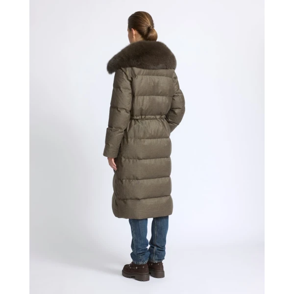 Yves Salomon Long Straight Down Jacket with Detachable Fox Fur Collar in Brown | Coats | Coveti