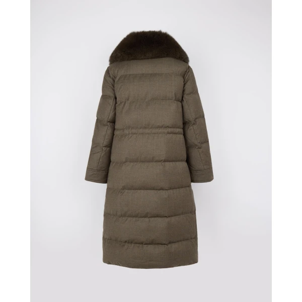 Yves Salomon Long Straight Down Jacket with Detachable Fox Fur Collar in Brown | Coats | Coveti