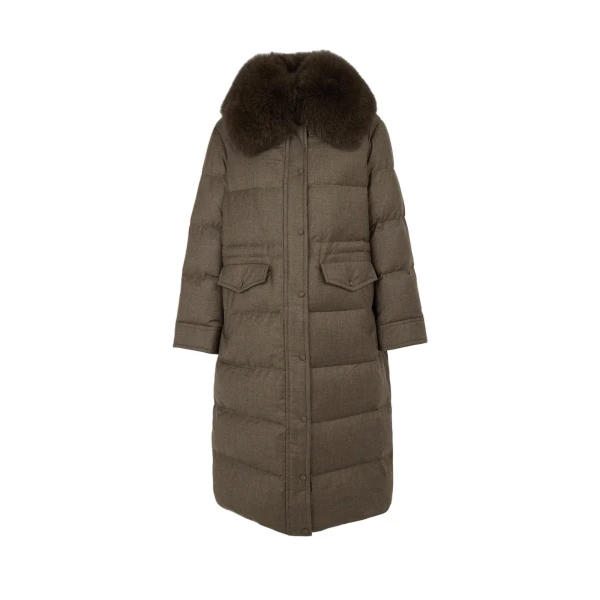 Yves Salomon Long Straight Down Jacket with Detachable Fox Fur Collar in Brown | Coats | Coveti