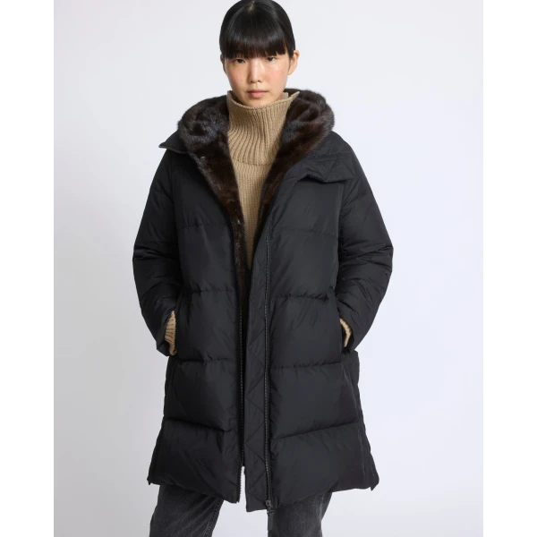 Yves Salomon Long Water-Repellent Down Jacket with Mink Fur Bib in Black | Coats | Coveti