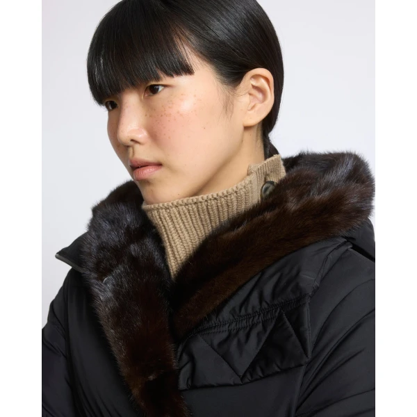 Yves Salomon Long Water-Repellent Down Jacket with Mink Fur Bib in Black | Coats | Coveti