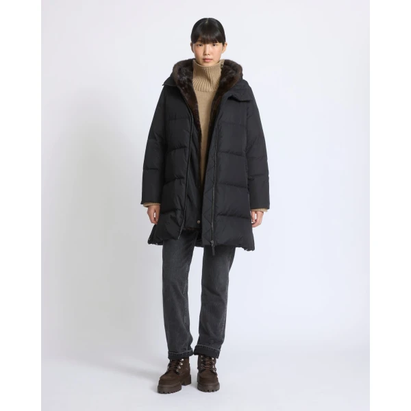 Yves Salomon Long Water-Repellent Down Jacket with Mink Fur Bib in Black | Coats | Coveti