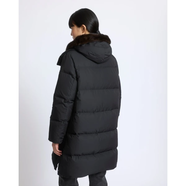 Yves Salomon Long Water-Repellent Down Jacket with Mink Fur Bib in Black | Coats | Coveti