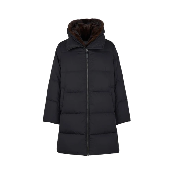 Yves Salomon Long Water-Repellent Down Jacket with Mink Fur Bib in Black | Coats | Coveti
