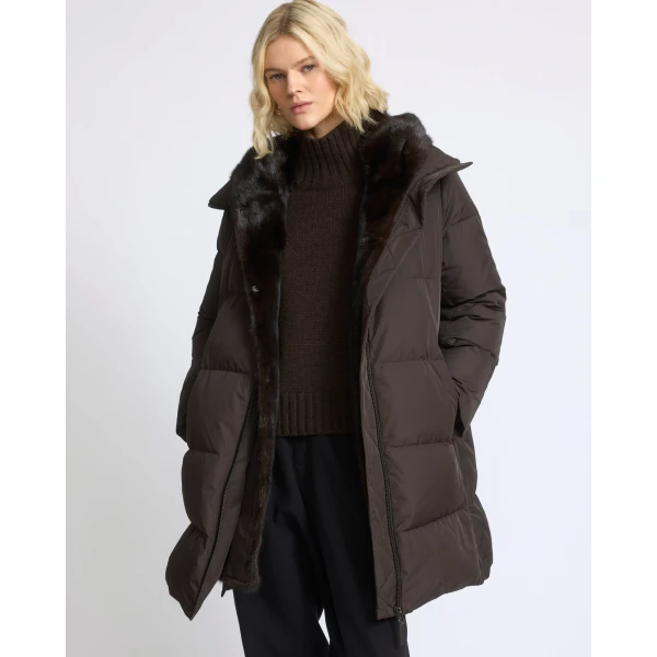 Yves Salomon Long Water-Repellent Down Jacket with Mink Fur Bib in Brown | Coats | Coveti