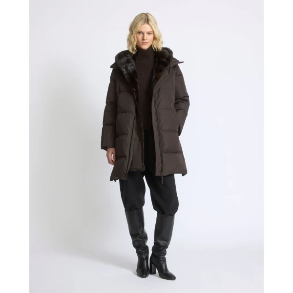 Yves Salomon Long Water-Repellent Down Jacket with Mink Fur Bib in Brown | Coats | Coveti