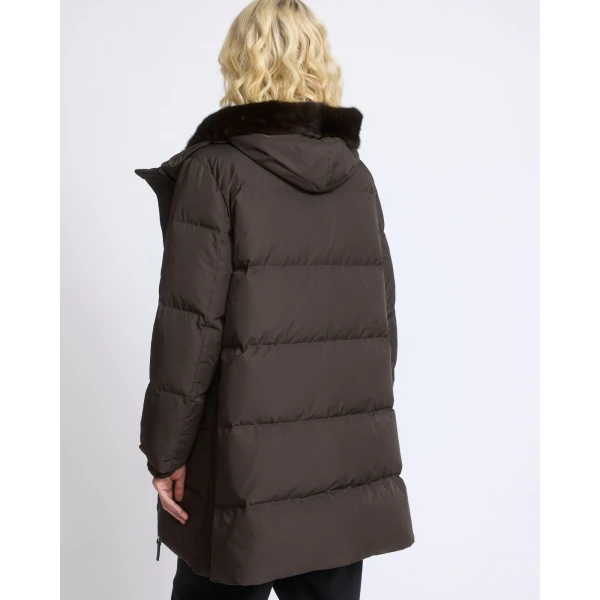 Yves Salomon Long Water-Repellent Down Jacket with Mink Fur Bib in Brown | Coats | Coveti