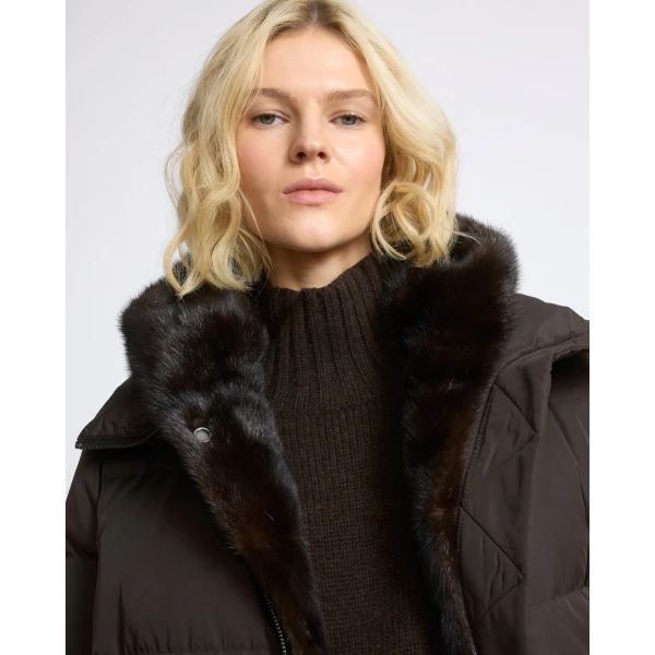 Yves Salomon Long Water-Repellent Down Jacket with Mink Fur Bib in Brown | Coats | Coveti