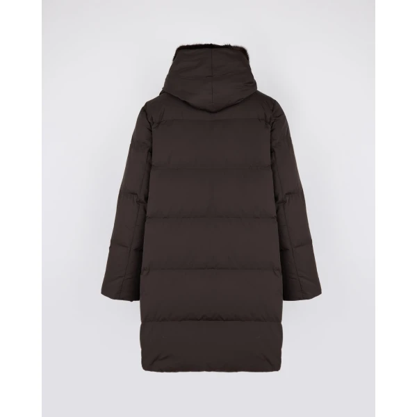 Yves Salomon Long Water-Repellent Down Jacket with Mink Fur Bib in Brown | Coats | Coveti