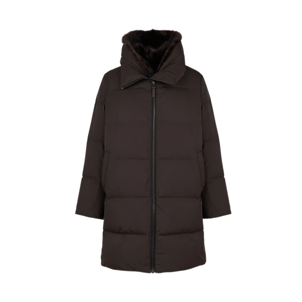 Yves Salomon Long Water-Repellent Down Jacket with Mink Fur Bib in Brown | Coats | Coveti