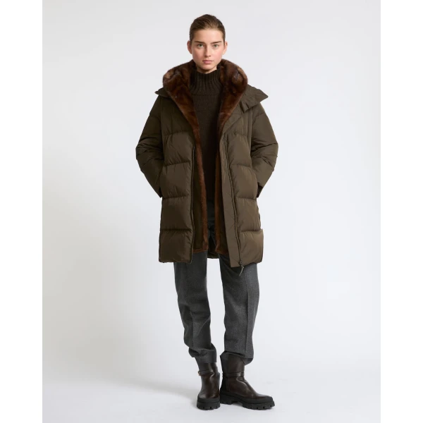 Yves Salomon Long Water-Repellent Down Jacket with Mink Fur Bib in Khaki | Coats | Coveti