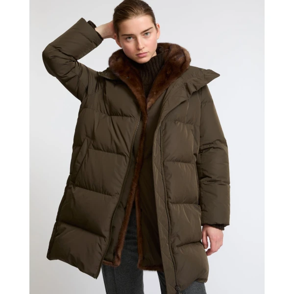 Yves Salomon Long Water-Repellent Down Jacket with Mink Fur Bib in Khaki | Coats | Coveti