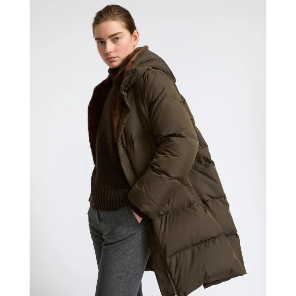 Yves Salomon Long Water-Repellent Down Jacket with Mink Fur Bib in Khaki | Coats | Coveti