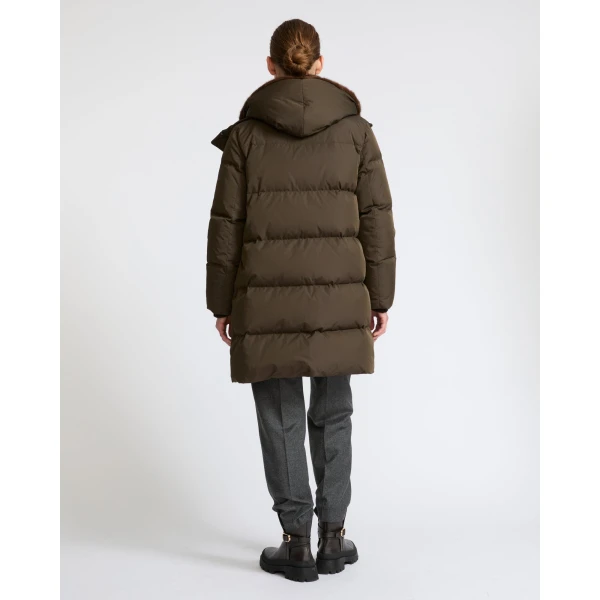 Yves Salomon Long Water-Repellent Down Jacket with Mink Fur Bib in Khaki | Coats | Coveti