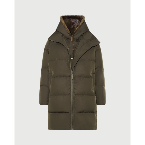 Yves Salomon Long Water-Repellent Down Jacket with Mink Fur Bib in Khaki | Coats | Coveti