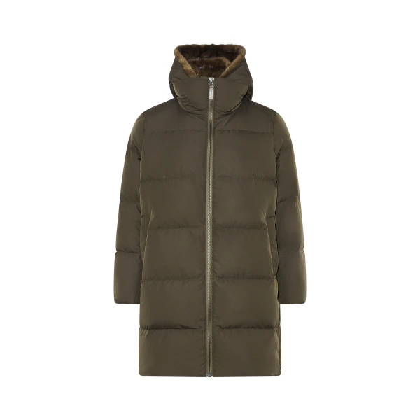 Yves Salomon Long Water-Repellent Down Jacket with Mink Fur Bib in Khaki | Coats | Coveti