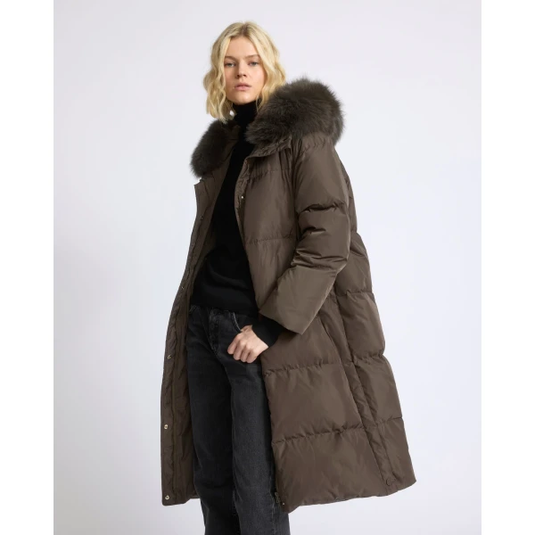 Yves Salomon Long Waterproof Down Jacket with Fox Fur Hood Trim in Charcoal | Coats | Coveti