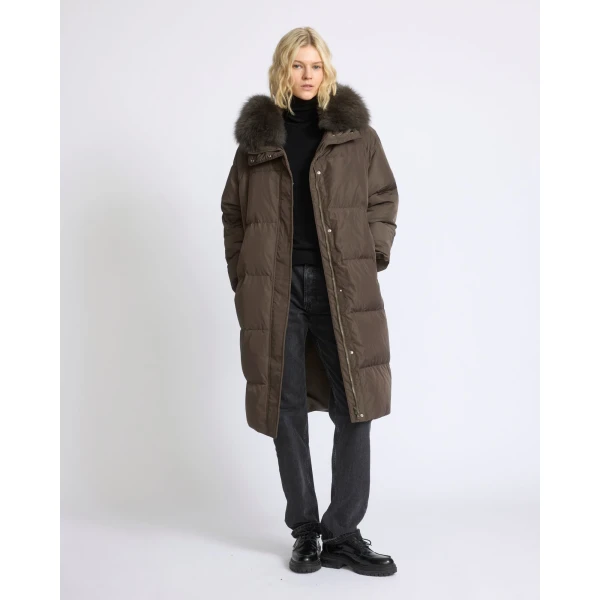 Yves Salomon Long Waterproof Down Jacket with Fox Fur Hood Trim in Charcoal | Coats | Coveti