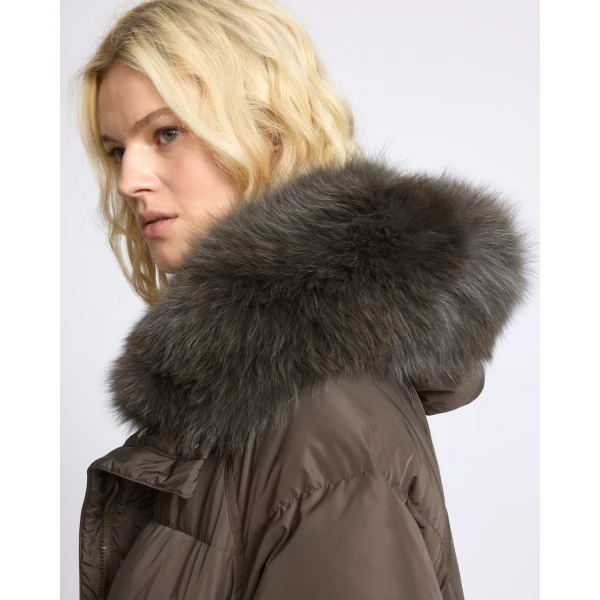 Yves Salomon Long Waterproof Down Jacket with Fox Fur Hood Trim in Charcoal | Coats | Coveti