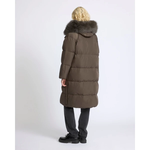 Yves Salomon Long Waterproof Down Jacket with Fox Fur Hood Trim in Charcoal | Coats | Coveti