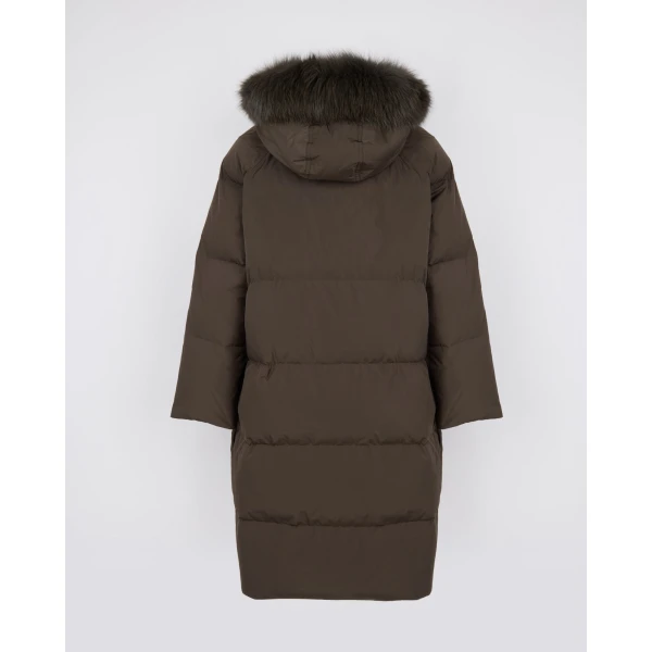 Yves Salomon Long Waterproof Down Jacket with Fox Fur Hood Trim in Charcoal | Coats | Coveti