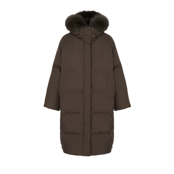 Yves Salomon Long Waterproof Down Jacket with Fox Fur Hood Trim in Charcoal | Coats | Coveti