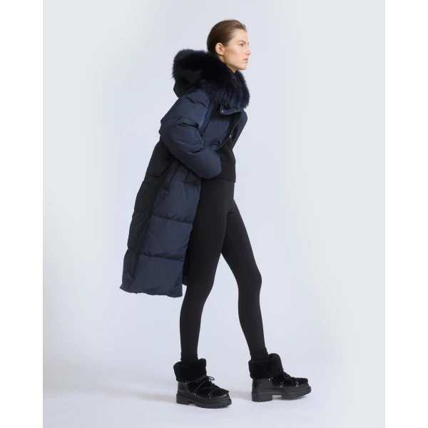 Yves Salomon Long Waterproof Down Jacket with Fox Fur Hood Trim in Navy | Coats | Coveti