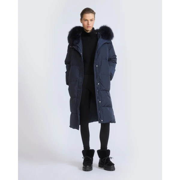 Yves Salomon Long Waterproof Down Jacket with Fox Fur Hood Trim in Navy | Coats | Coveti