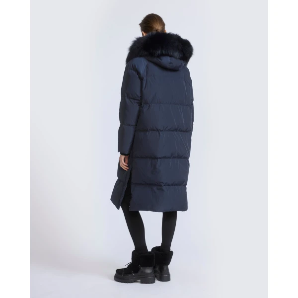 Yves Salomon Long Waterproof Down Jacket with Fox Fur Hood Trim in Navy | Coats | Coveti