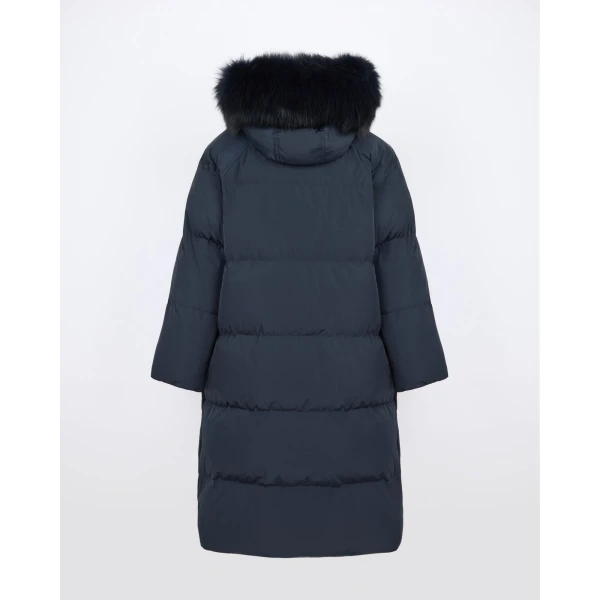 Yves Salomon Long Waterproof Down Jacket with Fox Fur Hood Trim in Navy | Coats | Coveti