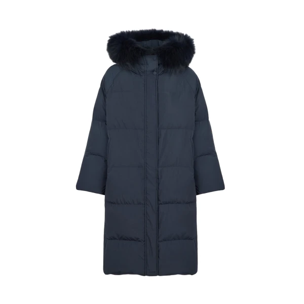 Yves Salomon Long Waterproof Down Jacket with Fox Fur Hood Trim in Navy | Coats | Coveti