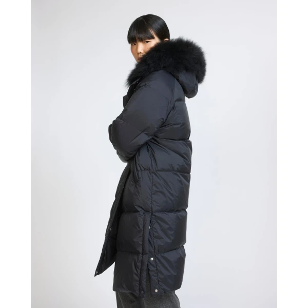 Yves Salomon Long Waterproof Down Jacket with Lambskin Hood Trim in Black | Coats | Coveti