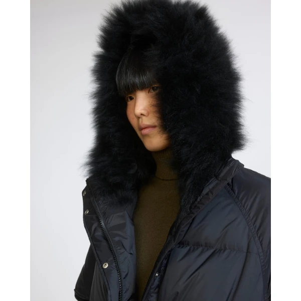 Yves Salomon Long Waterproof Down Jacket with Lambskin Hood Trim in Black | Coats | Coveti