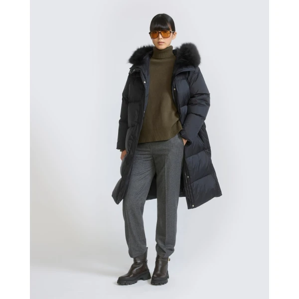 Yves Salomon Long Waterproof Down Jacket with Lambskin Hood Trim in Black | Coats | Coveti