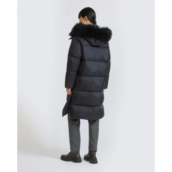 Yves Salomon Long Waterproof Down Jacket with Lambskin Hood Trim in Black | Coats | Coveti
