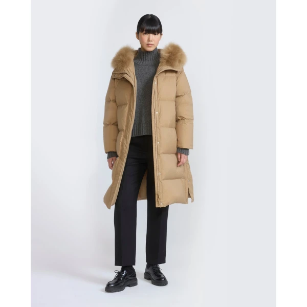 Yves Salomon Long Waterproof Down Jacket with Lambskin Hood Trim in Camel | Coats | Coveti