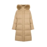 Yves Salomon Long Waterproof Down Jacket with Lambskin Hood Trim in Camel | Coats | Coveti