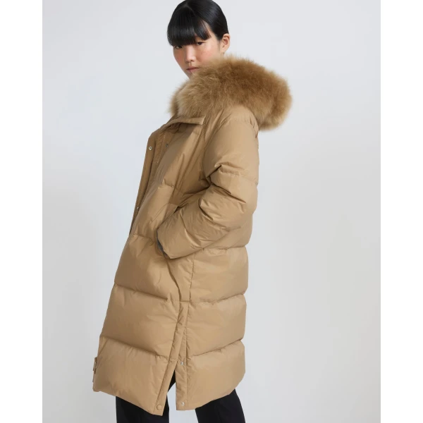 Yves Salomon Long Waterproof Down Jacket with Lambskin Hood Trim in Camel | Coats | Coveti