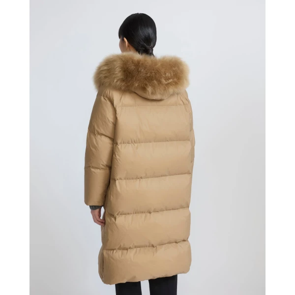 Yves Salomon Long Waterproof Down Jacket with Lambskin Hood Trim in Camel | Coats | Coveti