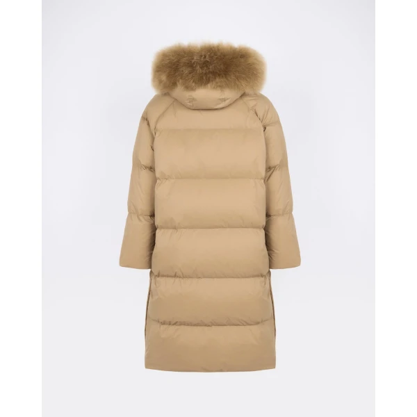 Yves Salomon Long Waterproof Down Jacket with Lambskin Hood Trim in Camel | Coats | Coveti