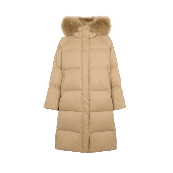 Yves Salomon Long Waterproof Down Jacket with Lambskin Hood Trim in Camel | Coats | Coveti