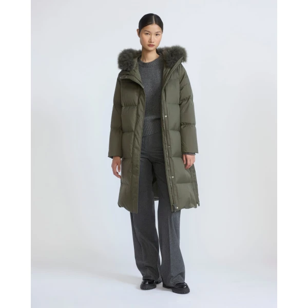 Yves Salomon Long Waterproof Down Jacket with Lambskin Hood Trim in Khaki | Coats | Coveti