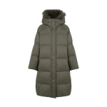 Yves Salomon Long Waterproof Down Jacket with Lambskin Hood Trim in Khaki | Coats | Coveti