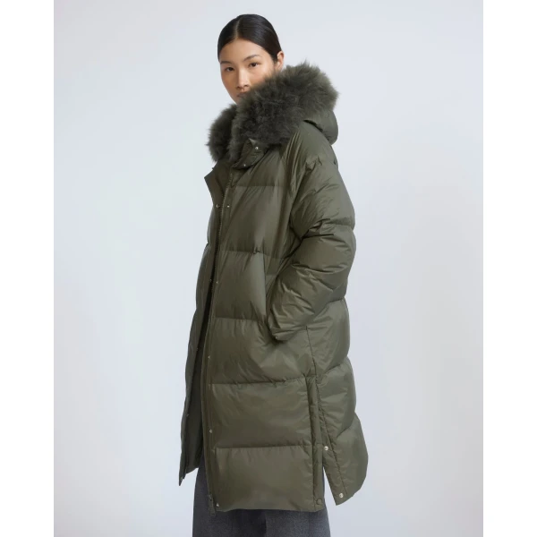 Yves Salomon Long Waterproof Down Jacket with Lambskin Hood Trim in Khaki | Coats | Coveti