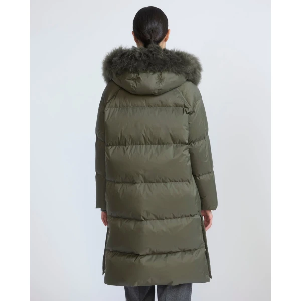 Yves Salomon Long Waterproof Down Jacket with Lambskin Hood Trim in Khaki | Coats | Coveti