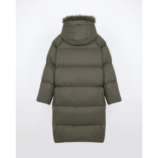 Yves Salomon Long Waterproof Down Jacket with Lambskin Hood Trim in Khaki | Coats | Coveti